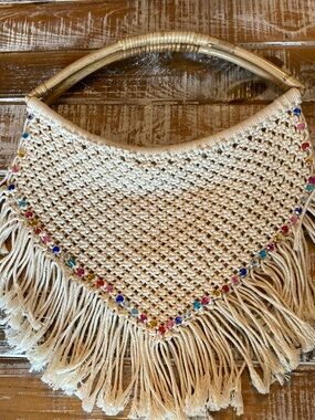 Handwoven Cream Macramé Fringe Bag with Colorful Bead Trim